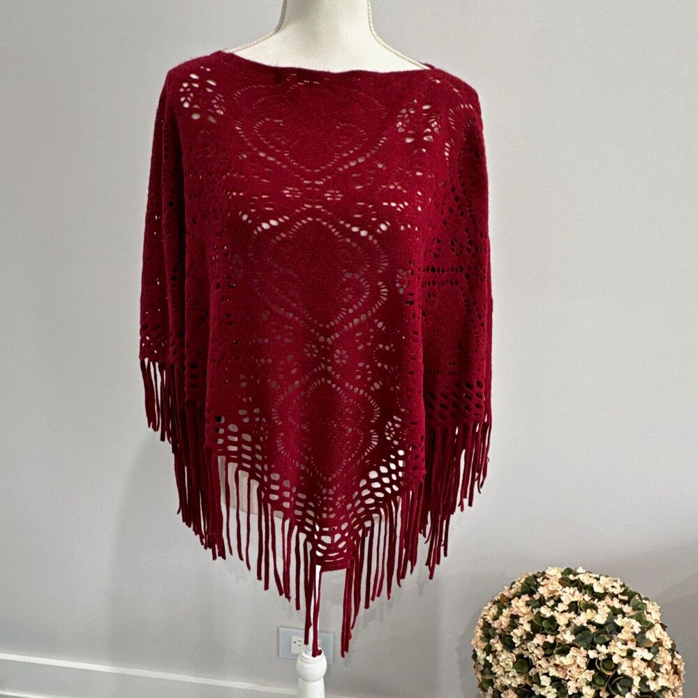 Women’s Burgundy Solid Knit Acrylic Fringe Shawl Poncho